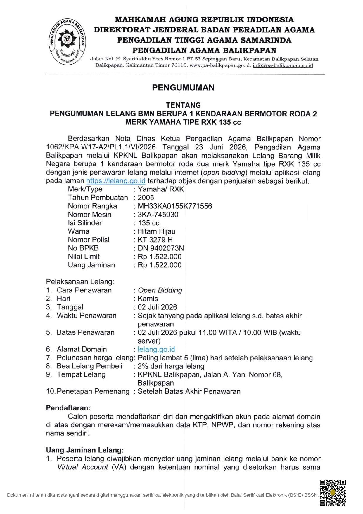 Pengumuman Lelang BMN Kendaraan Bermotor Roda 2 page 0001